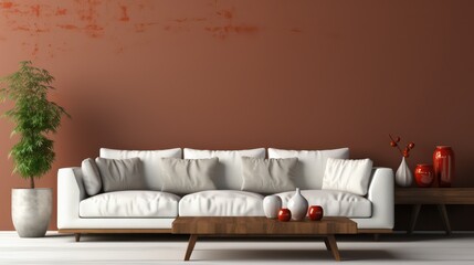 Modern interior design of living room with white sofa, coffee table, soft stucco wall. Created with generative AI.