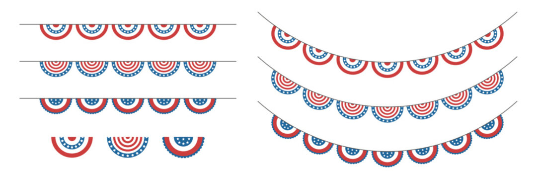Bunting garland set with semicircle flags. USA independence day. Isolated vector and PNG illustration on transparent background.