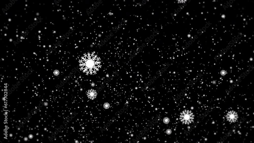 Poster 3d rendered animation of falling snowflakes isolated on the empty black background