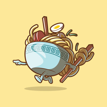 Ramen bowl character running holding chopsticks vector illustration. Food, brand, mascot design concept.