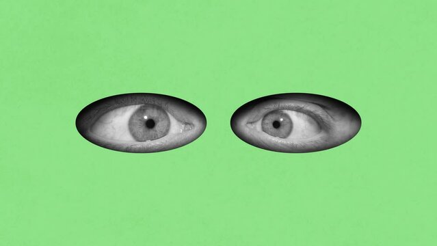 Black and white image of male eyes over green background. Spy, super hero. Cartoon style. Stop motion, animation. Contemporary art. Concept of creativity, abstract art, imagination and inspiration.