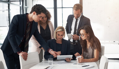 Ideas, business people and meeting with tablet, review of online contract or report in collaboration on project. Corporate team, strategy and workshop, men and women with target management in office.