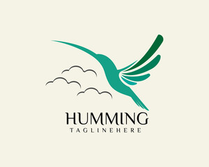 simple abstract flying hummingbird with cloud background logo icon symbol design template illustration inspiration