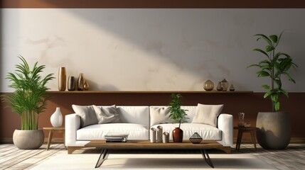 Modern interior design of living room with white sofa, coffee table, soft stucco wall. Created with generative AI.