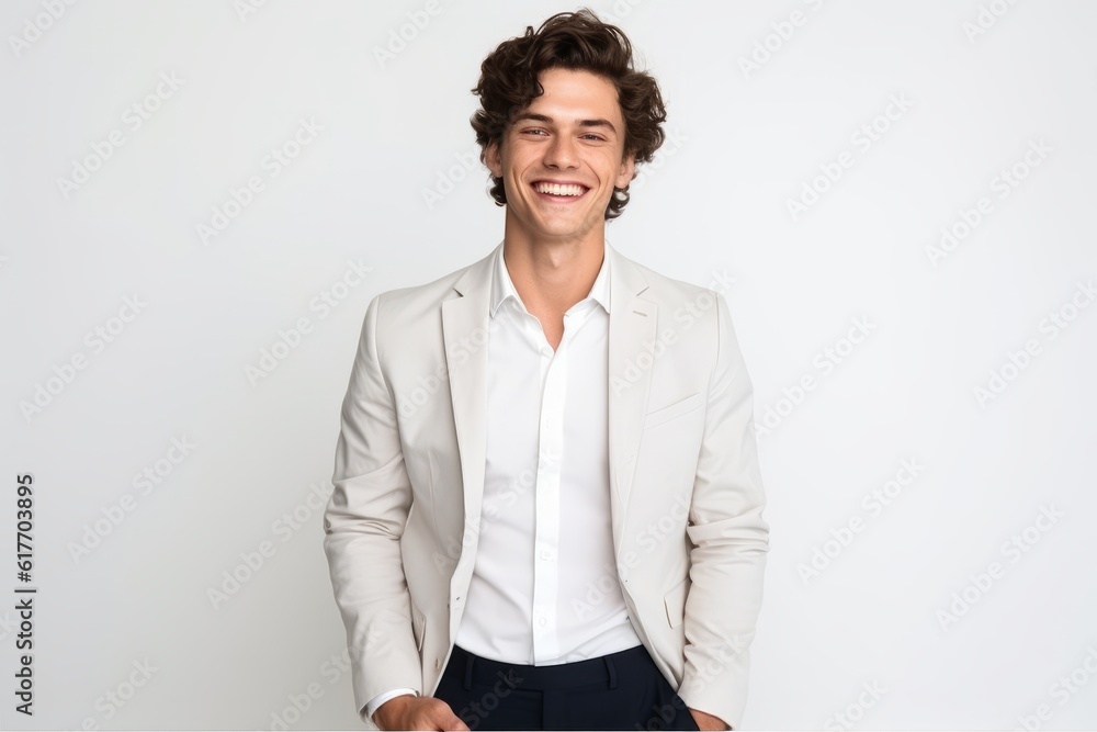 Wall mural Portrait of a smiling young man in suit standing isolated on a white background