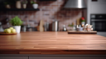 Wooden Counter Against Blurred Kitchen in Background