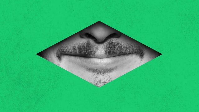 Black and white image of male face part, lips and moustaches against green background in geometric shape element. Stop motion, animation. Contemporary art. Concept of creativity, abstract art