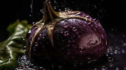 Eggplant hit by splashes of water with black blur background
