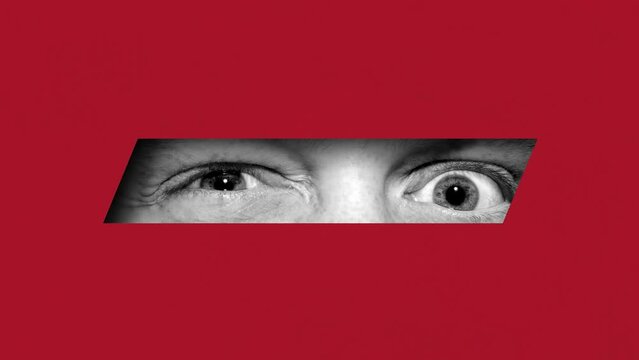 Suspicious look. Male attentive eyes looking out. Red background. Finding secrets. Stop motion, animation. Contemporary art. Concept of creativity, abstract art, imagination and inspiration.