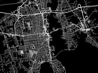 Vector road map of the city of  New Bedford Massachusetts in the United States of America with white roads on a black background.