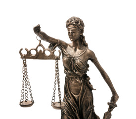 Statue of Lady Justice isolated on white. Symbol of fair treatment under law