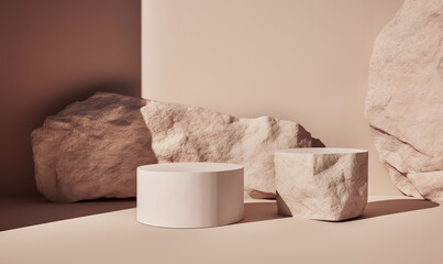 Fototapeta na wymiar Selective focus podium stand.product placement with rock stone in minmal style background design.mockup table stage for layout.generative ai images