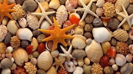 Background, texture from densely packed shells of ralic species of sea clams and scallops, as well as fossilized corals, sea anemones and starfish. Generative AI 6