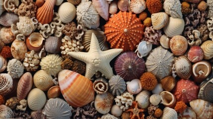 Background, texture from densely packed shells of ralic species of sea clams and scallops, as well as fossilized corals, sea anemones and starfish. Generative AI 7