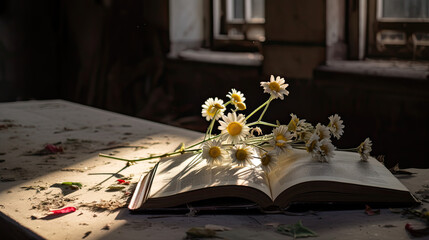 Naklejka na ściany i meble open book in abandoned house with oxeye daisy flowers. 