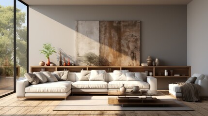 Modern interior design of living room with white sofa, coffee table, soft stucco wall. Created with generative AI.