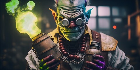 mad scientist Orc dressed like a mad scientist holding bombs in either hand Depth of Field hyperdetailed beautifully colorcoded insane details intricate details beautifully color graded Unreal 