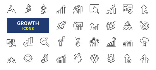 Set of 33 Line icons personal progress. ambition and growth. financial chart, trend and more. Vector Illustration. Editable Stroke