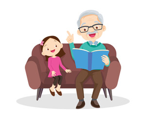 elderly man and girl reading book