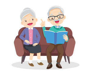 elderly man and woman reading book