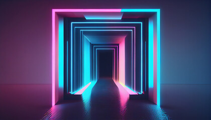 Abstract futuristic geometric tunnel portal with pink blue glowing neon Ai generated image