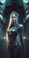 Fototapeta na wymiar a beautiful realistic girl in futuristic cyborg armor on the background of a huge space cruiser Night Rain 