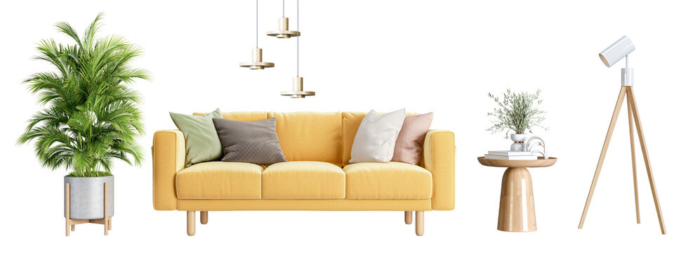 Yellow sofa and plant in a living room on white backgrouund