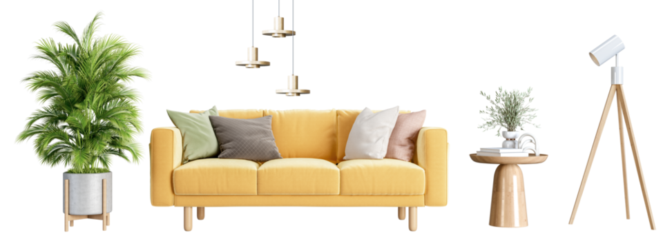 Yellow sofa and plant in a living room on white backgrouund