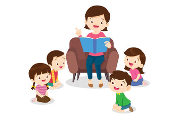Obraz na płótnie Canvas children listen dad mom grandparents reading book on sofa