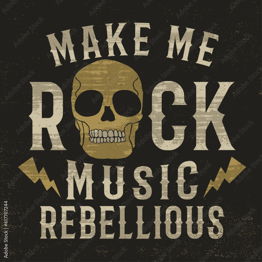 Poster rock music concept tee print design as vector with skull and lightning drawing