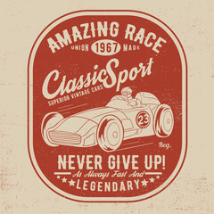 tee print design as vector with vintage sport cart drawing