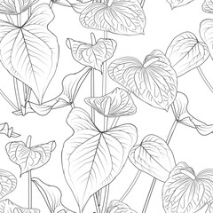 Black and white seamless pattern with anthurium  line art flowers. Tropical exotic plant repeat pattern  background. Great for fabric, surface, wallpaper, summer concept of backdrop