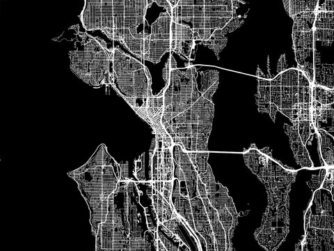 Vector road map of the city of  Seattle Washington in the United States of America with white roads on a black background.