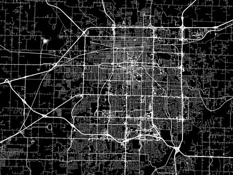 Vector road map of the city of  Springfield Missouri in the United States of America with white roads on a black background.