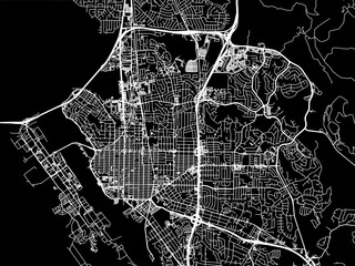 Vector road map of the city of  Vallejo California in the United States of America with white roads on a black background.