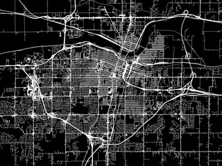 Vector road map of the city of  Topeka Kansas in the United States of America with white roads on a black background.