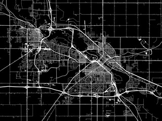 Vector road map of the city of  Waterloo Iowa in the United States of America with white roads on a black background.
