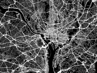 Vector road map of the city of  Washington Metro District of Columbia in the United States of America with white roads on a black background. © Map Graphics