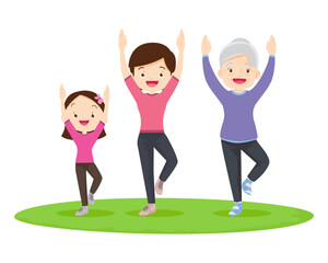 Happy Family Sport Activity. Mother, Father and Kid Doing Morning Exercising at Home