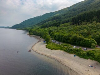 Fototapeta na wymiar Aerial drone photo of the waterside at Loch Lomond