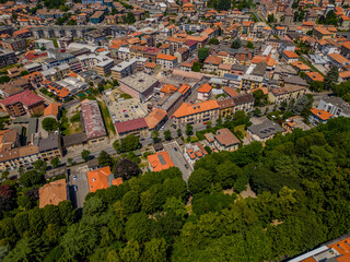 Beautiful aerial view of the city of Novara, Italy, Piedmont. Colorful sky. Scenic view. Morning scene.