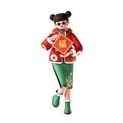 3D rendering of a cartoon illustration of a cheerful young woman in traditional Chinese clothing
