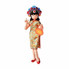 3D rendering of a cartoon illustration of a cheerful young woman in traditional Chinese clothing