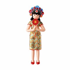 3D rendering of a cartoon illustration of a cheerful young woman in traditional Chinese clothing