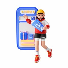 3D rendering of a cartoon illustration of a cheerful young woman shopping