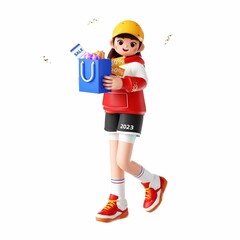 3D rendering of a cartoon illustration of a cheerful young woman shopping