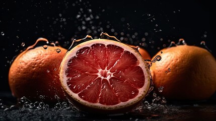 Fototapeta na wymiar Grapefruits hit by splashes of water with black blur background