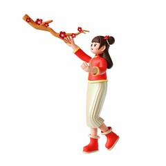 3D rendered illustration of a cheerful cartoon girl holding vibrant flowers in hands