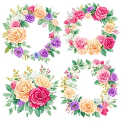 Behang Bloemen Watercolor wreaths rose flower frames with white background,Generative AI.