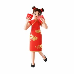 3D rendering of a cartoon illustration of a cheerful young woman in traditional Chinese clothing
